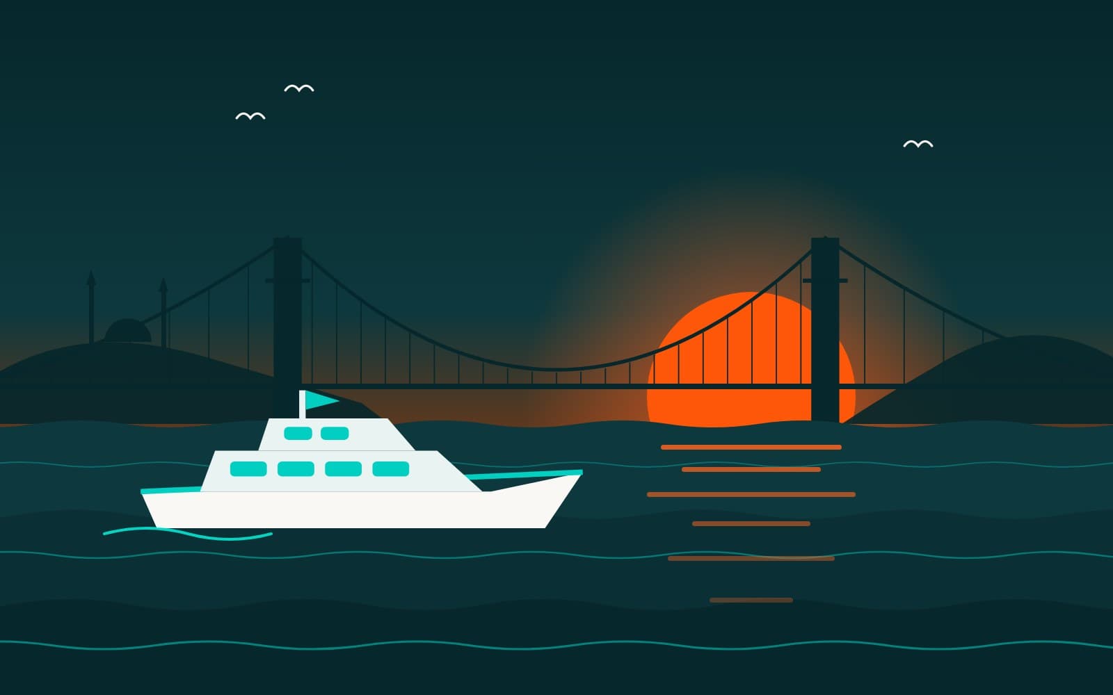 Illustration: a yacht on the Bosphorus at sunset with a suspension bridge behind it