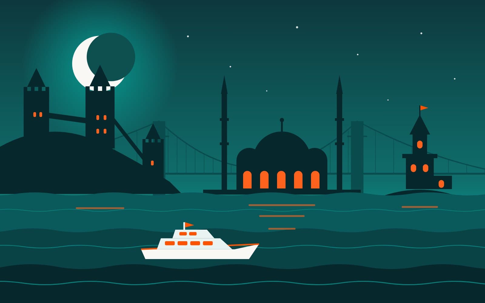 Illustration: a fortress, a waterside mosque and a tower on an islet along the Bosphorus at night