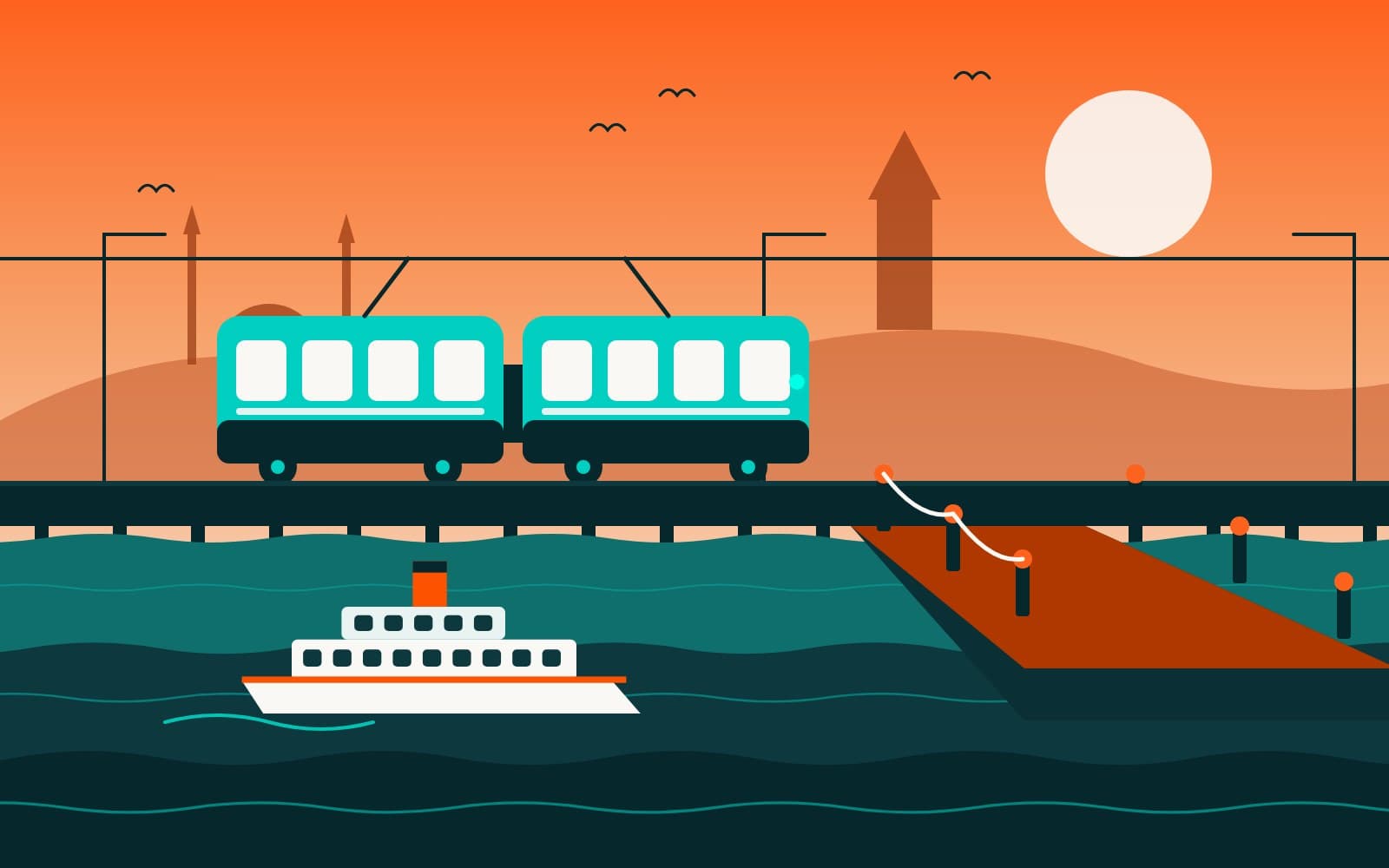 Illustration: a tram on the quay, a ferry and a wooden pier at the waterfront