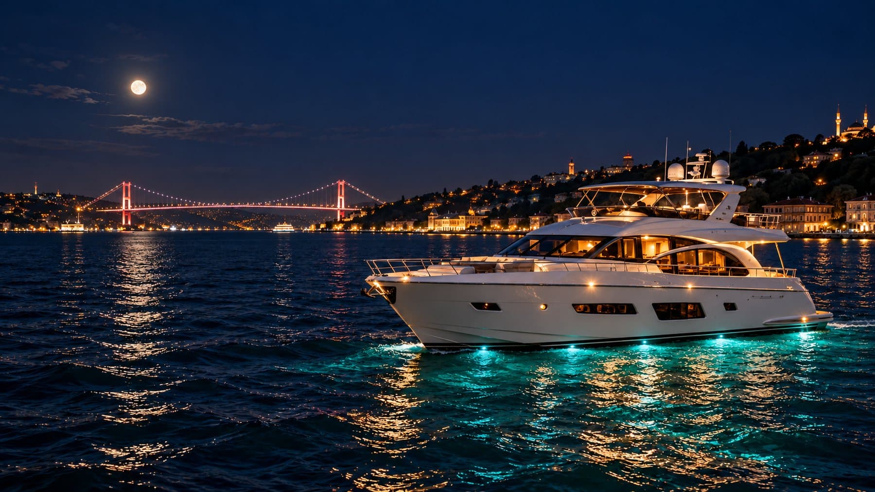 Illuminated yacht on the Bosphorus at night, with the bridge and a full moon behind