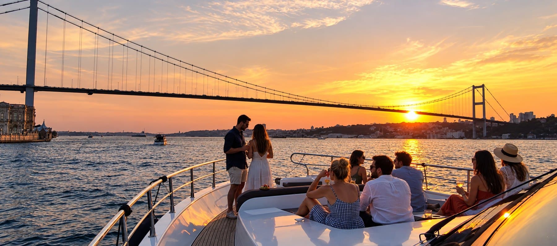 Guests on a yacht deck as the sun sets behind the Bosphorus bridge
