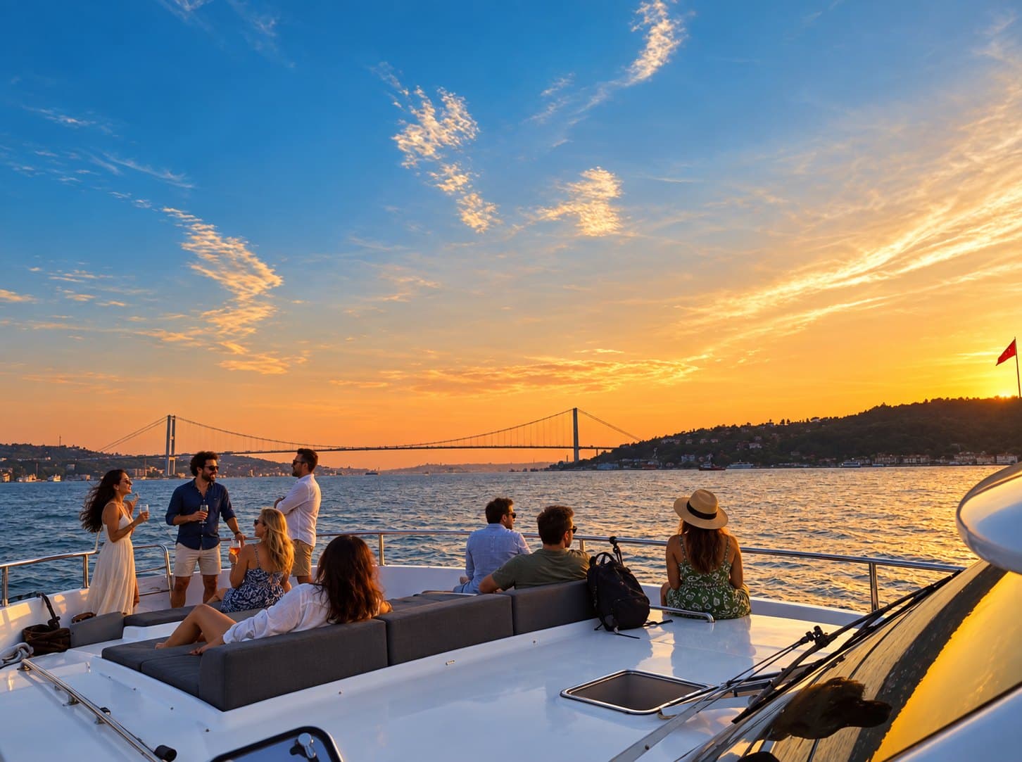 Guests on the deck of a yacht at sunset, with the Bosphorus bridge on the horizon