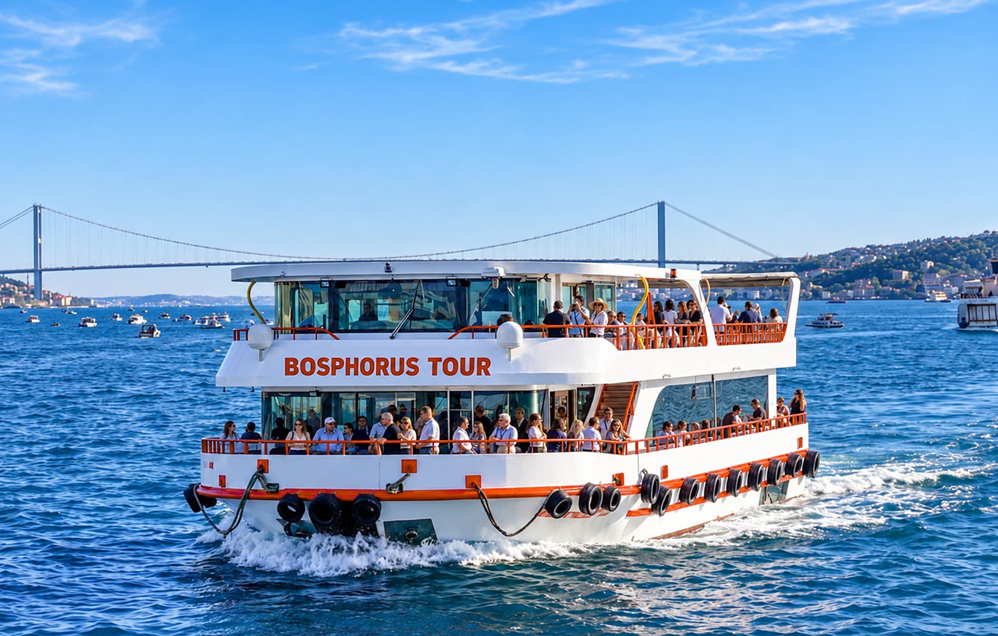 Bosphorus tour boat with guests on two decks, sailing in daylight with the bridge behind