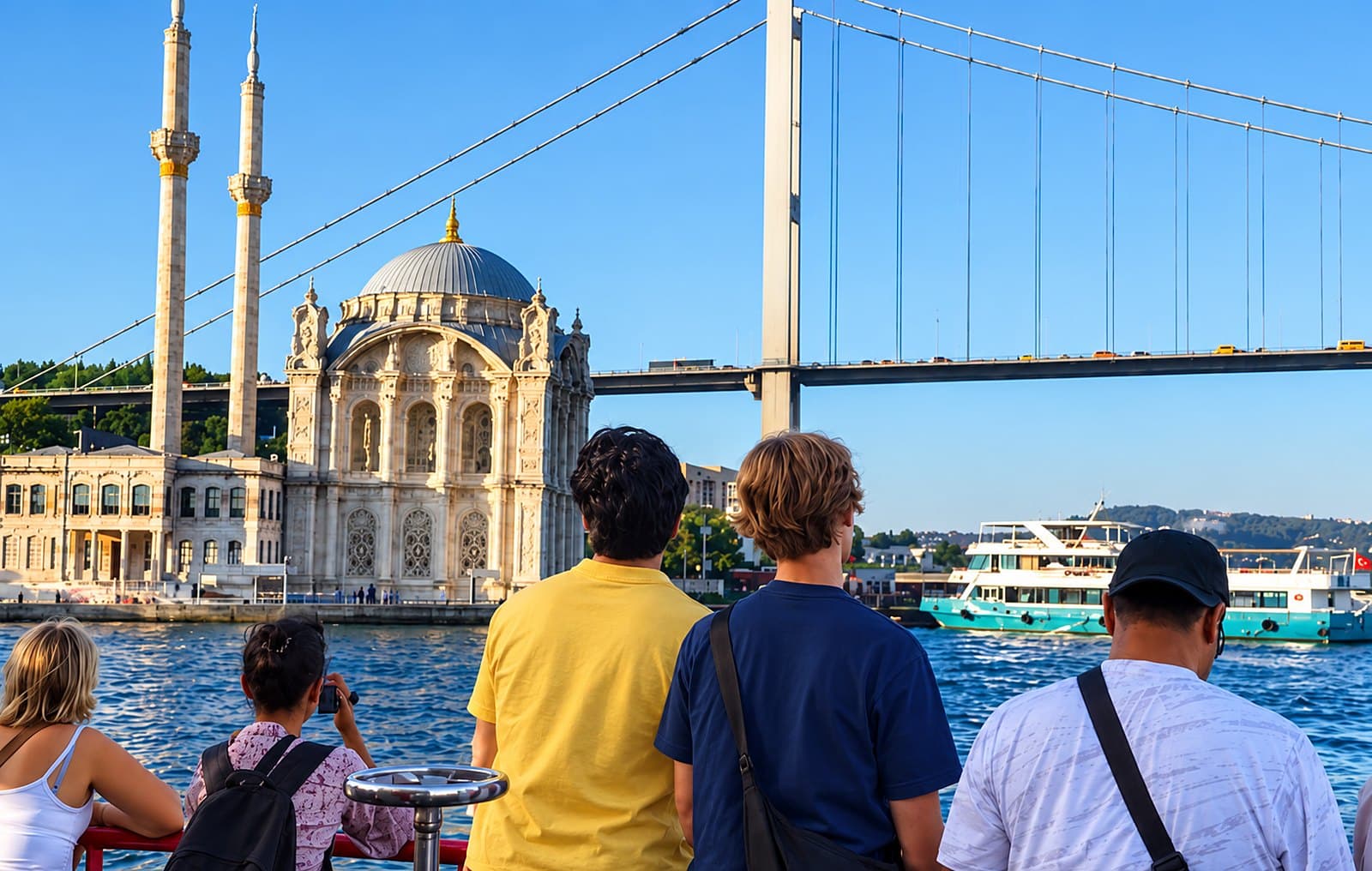 Guests on deck looking at Ortaköy Mosque and the Bosphorus bridge in daylight
